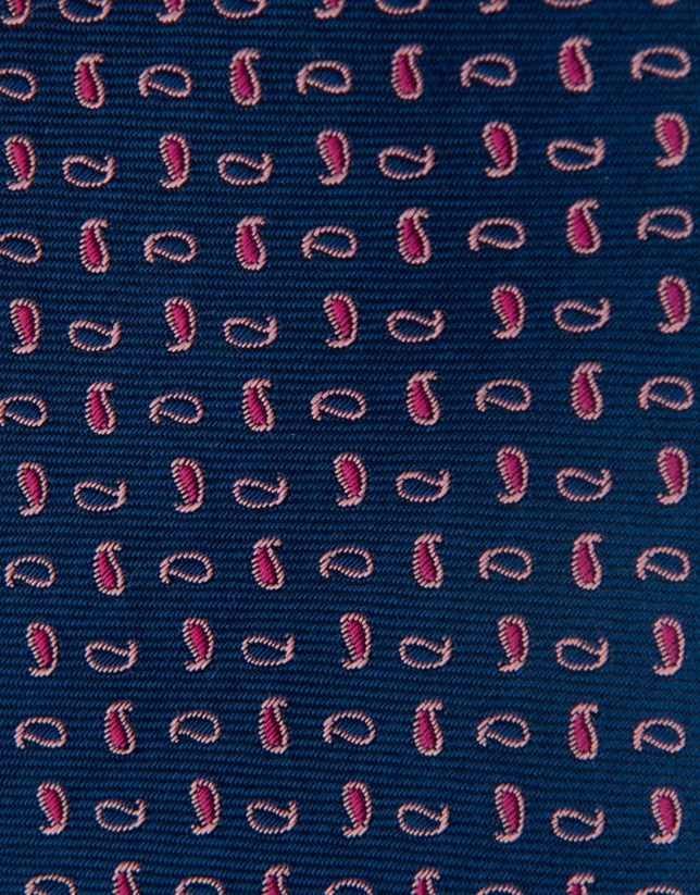 Blue silk tie with blue and pink paisley design