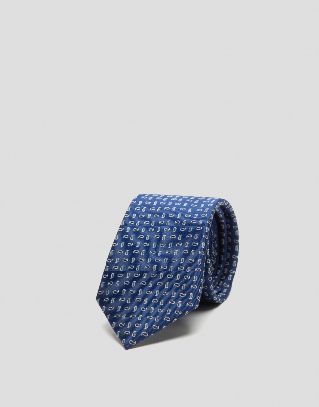 Navy blue silk tie with blue paisley and yellow outlines