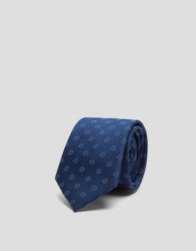 Deep blue silk tie with blue jacquard circles