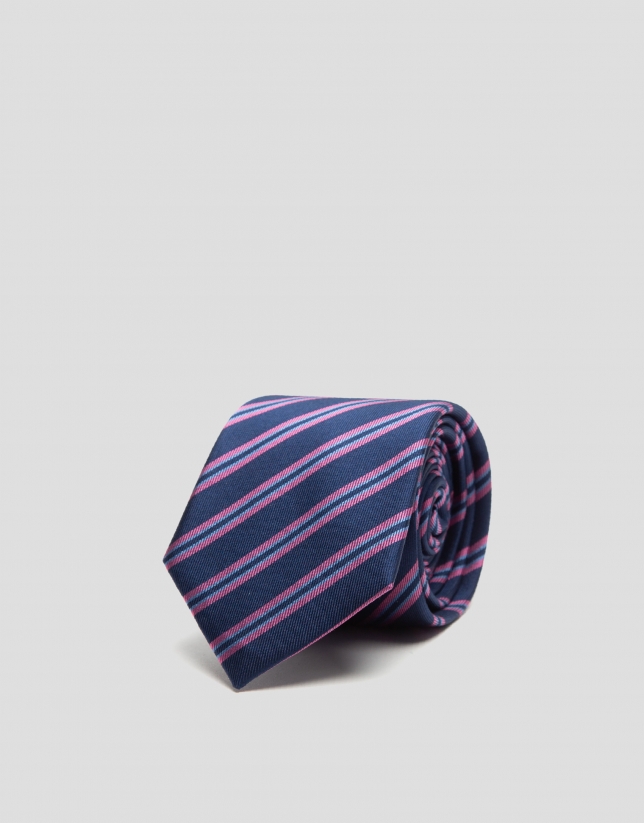 Ink blue silk tie with pink stripes