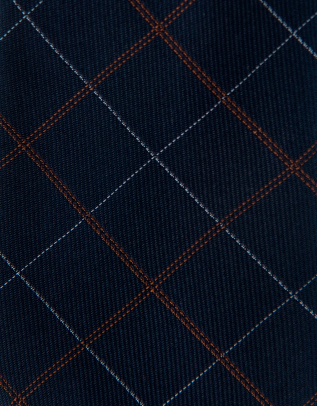 Navy blue checked silk tie with brown and white outlines