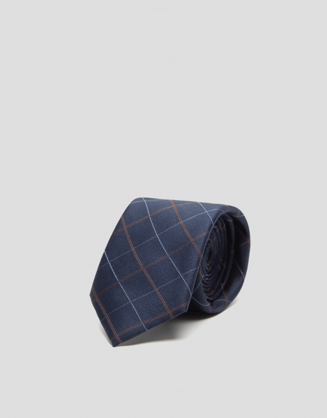 Navy blue checked silk tie with brown and white outlines