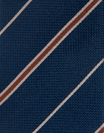 Navy blue silk tie with gray and brown stripes