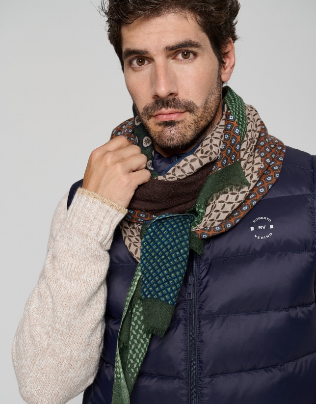 Wool scarf with brown, blue and green patchwork 