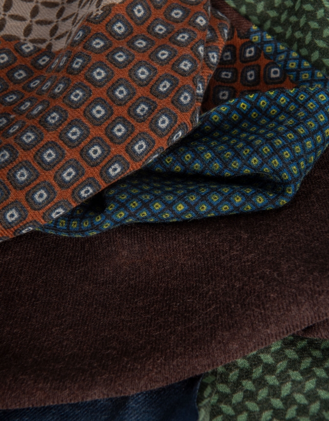 Wool scarf with brown, blue and green patchwork 