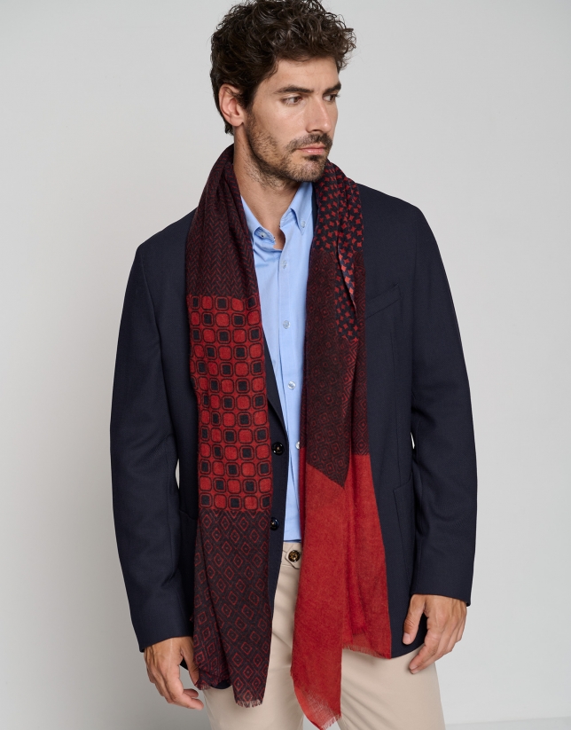 Wool scarf with navy blue and dark red panels