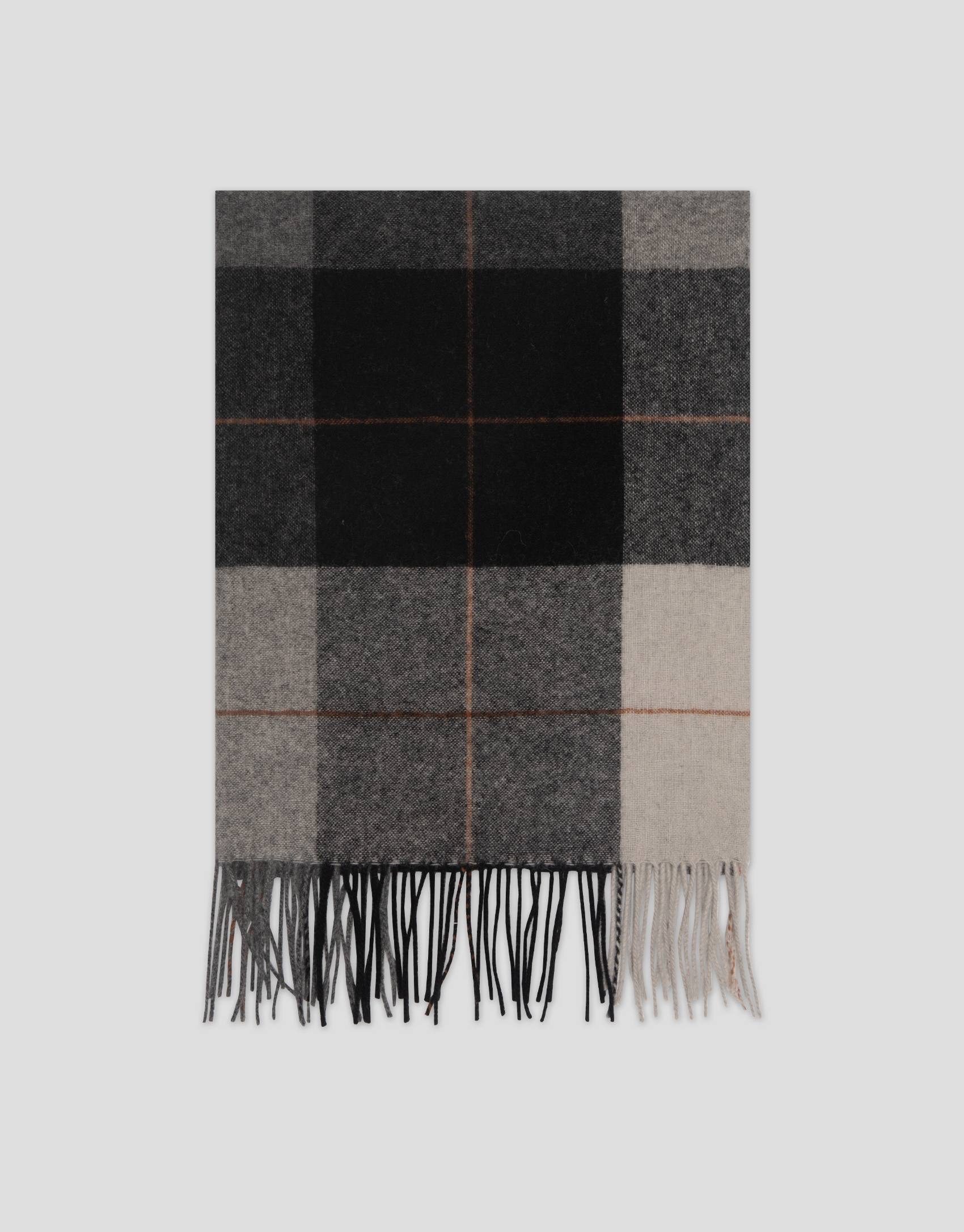 Wool scarf with gray checked design and brown outlines