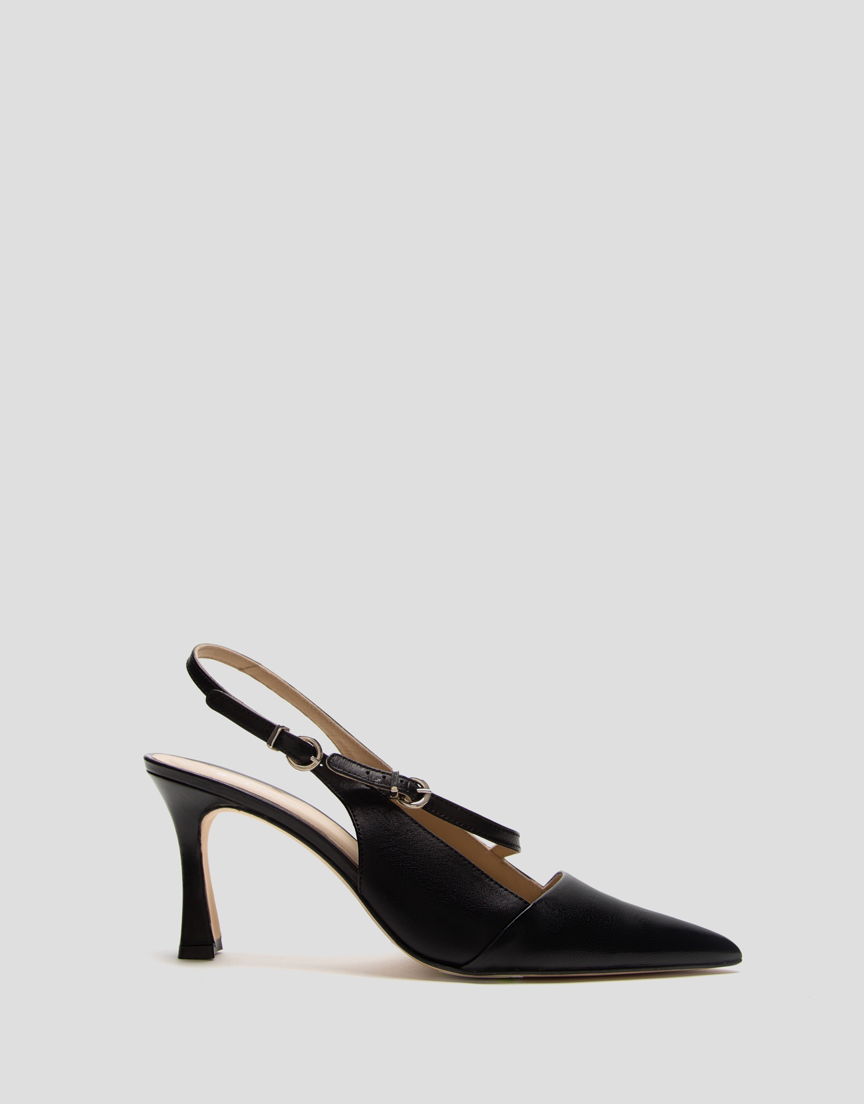 Black leather slingback shoe with strap