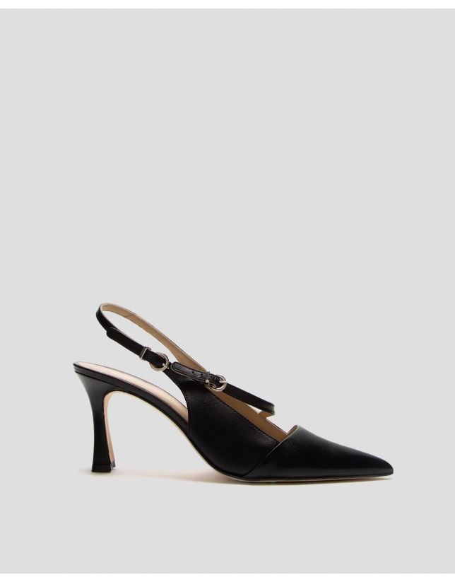 Black leather slingback shoe with strap