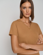 Camel knit midi dress with short sleeves