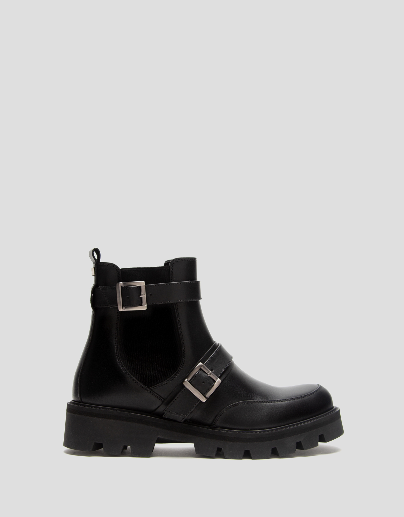 Black leather ankle boot with track sole