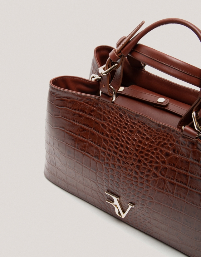 Brown embossed alligator Miranda Satchel 