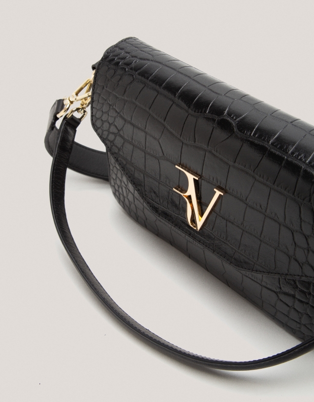 Black embossed alligator Miranda Midi shoulder bag