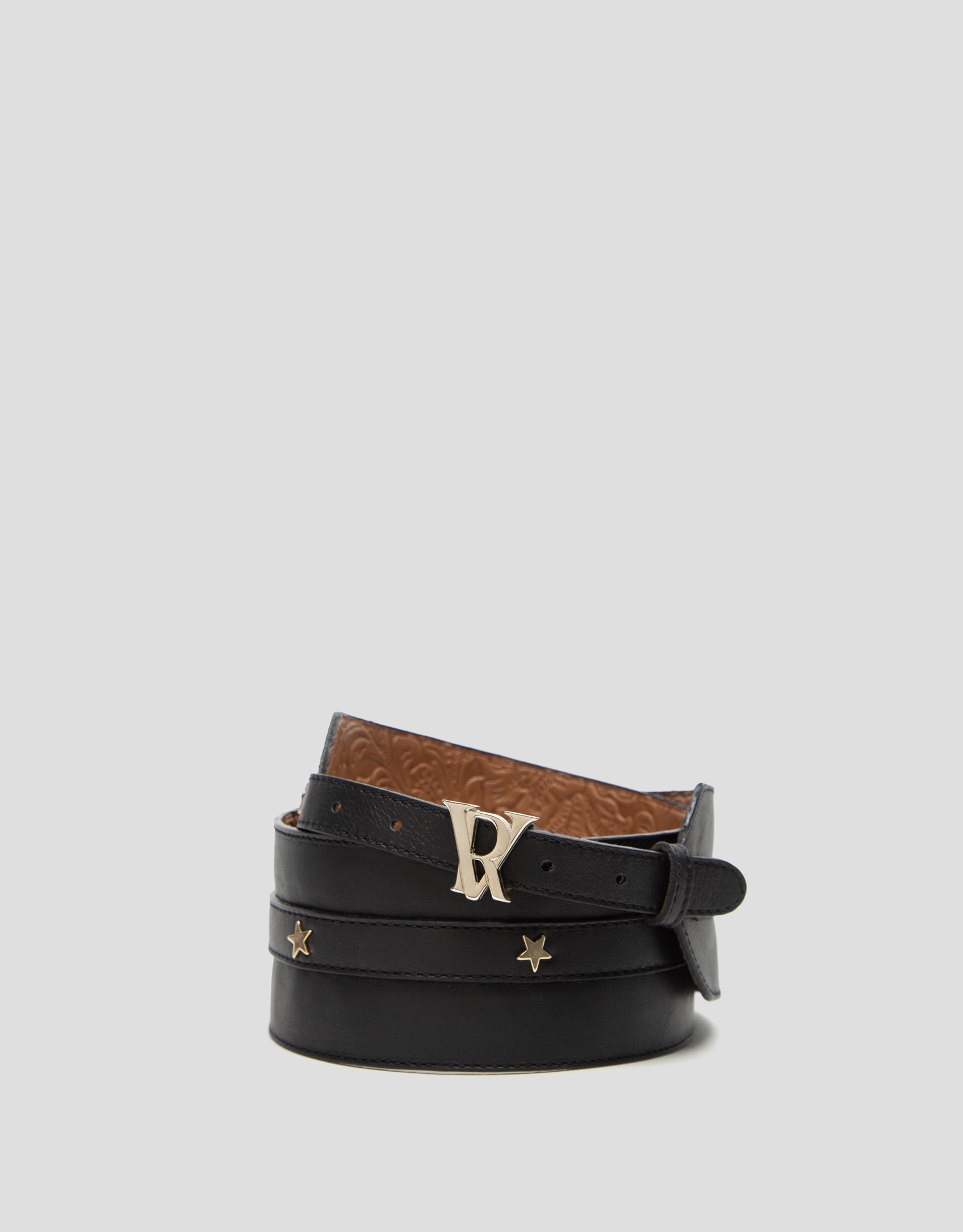 Wide black leather belt with studded stars