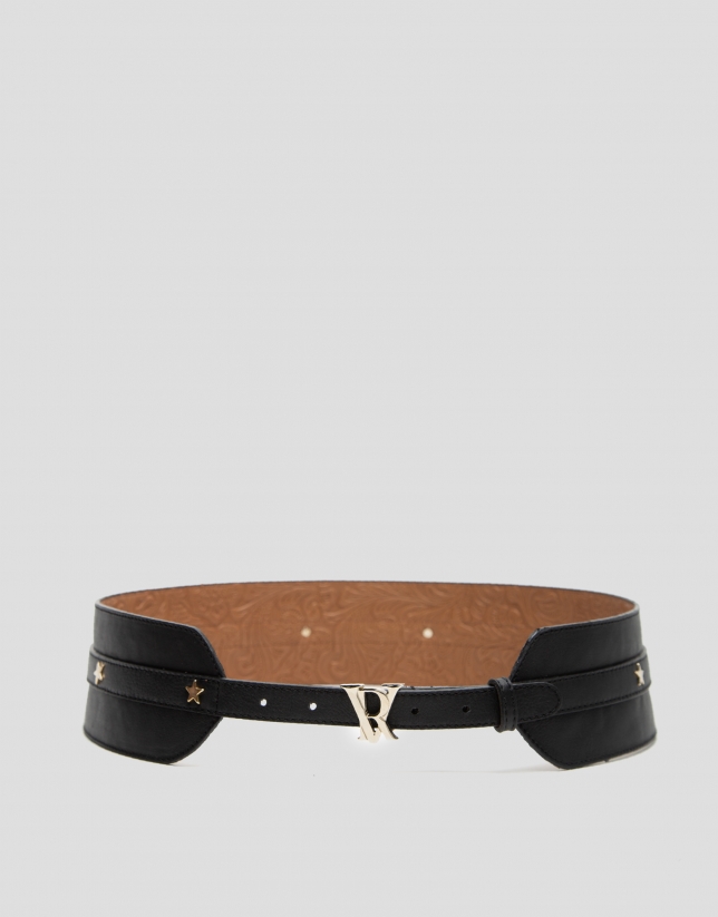 Wide black leather belt with studded stars