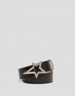 Black embossed leather belt with star-shaped buckle