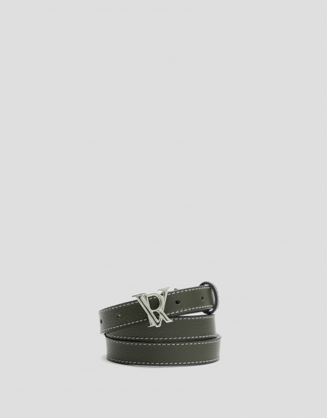Green narrow leather belt with backstitching