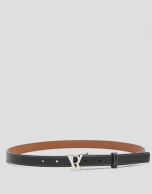 Black narrow leather belt with backstitching