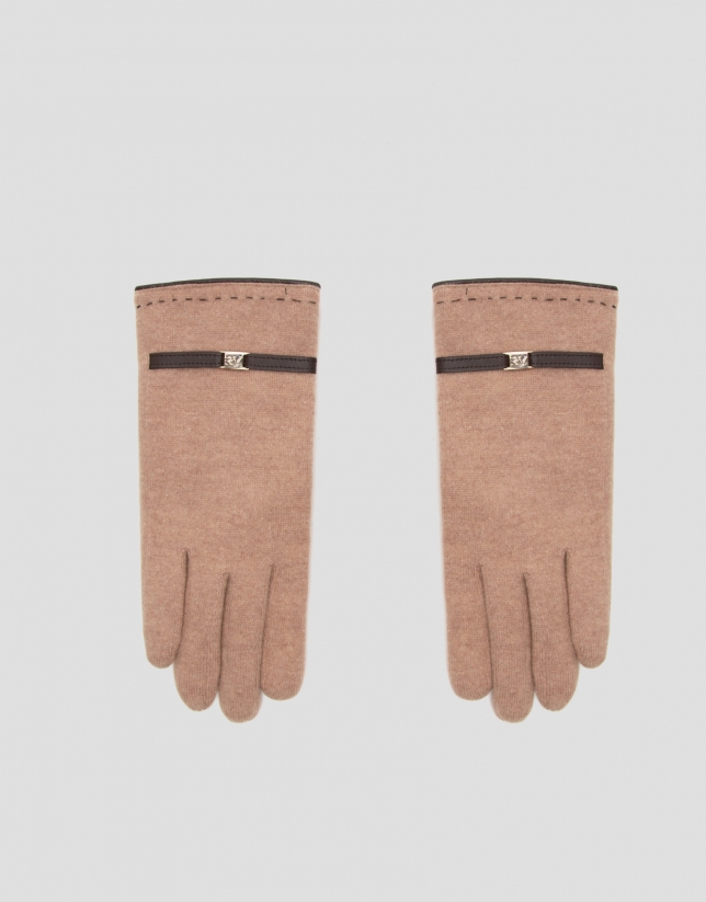 Camel knit gloves with leather trim