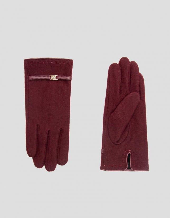 Burgundy knit gloves with leather trim