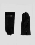 Black knit gloves with leather trim