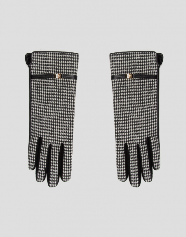 Black and white houndstooth gloves with leather