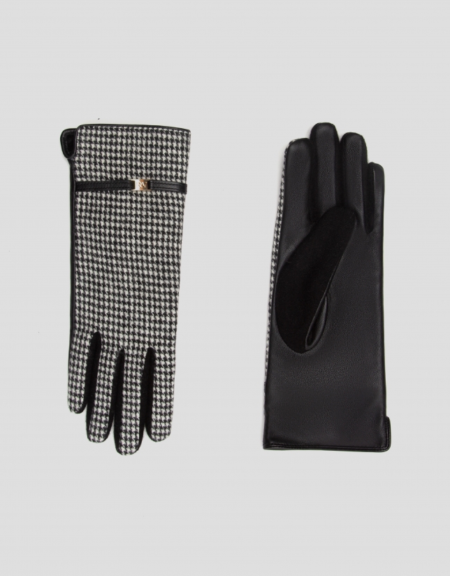 Black and white houndstooth gloves with leather