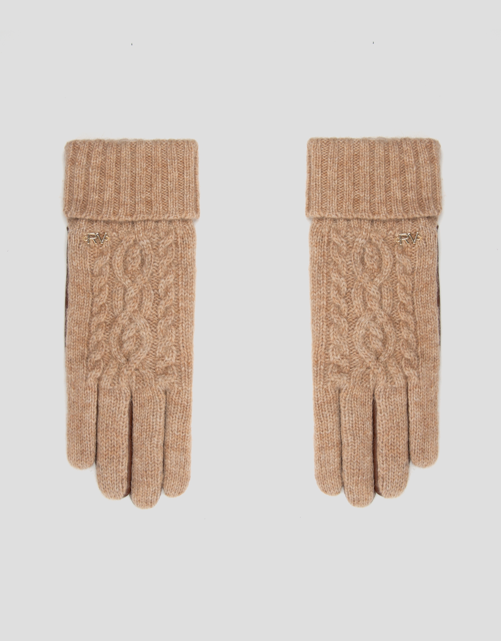 Camel cable-stitched knit gloves with leather