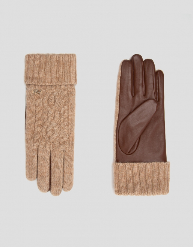 Camel cable-stitched knit gloves with leather