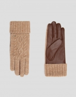 Camel cable-stitched knit gloves with leather