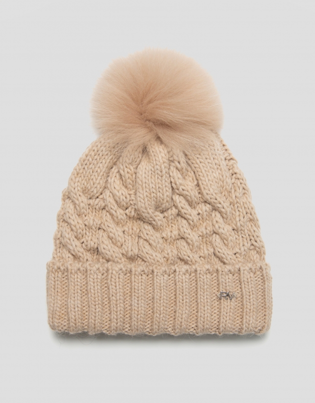 Beige wool and alpaca cable-stitched cap