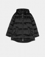 Black quilted windbreaker with hood and side slits 