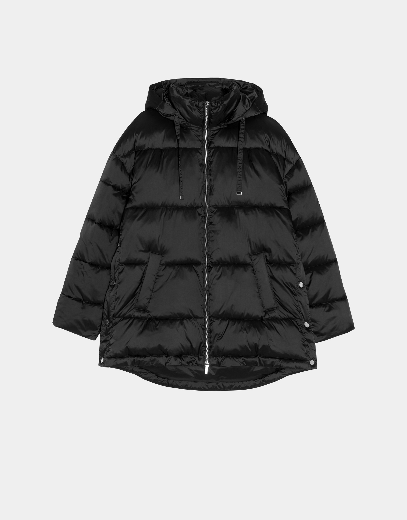 Black quilted windbreaker with hood and side slits 