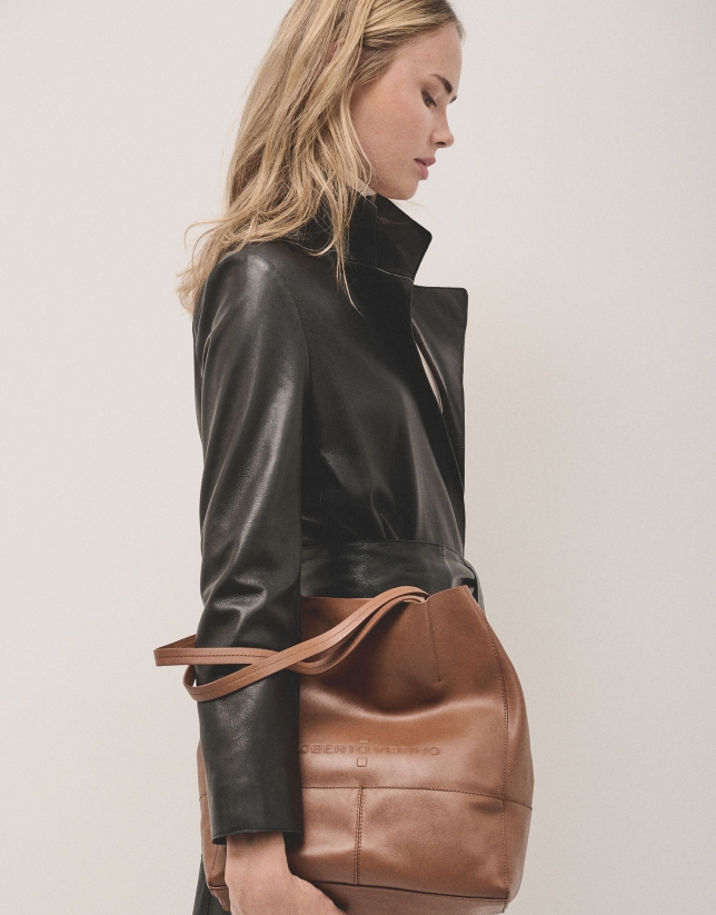 Camel leather Megan Midi shopping bag