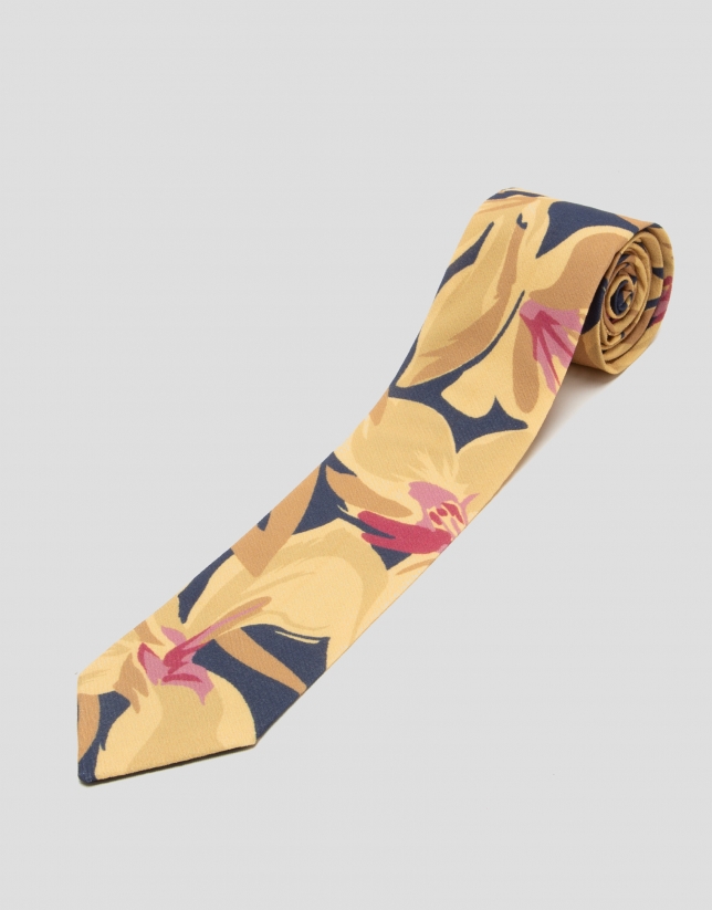 Corbata tejido estampado floral grande mostaza