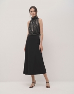 Black twill flare midi skirt