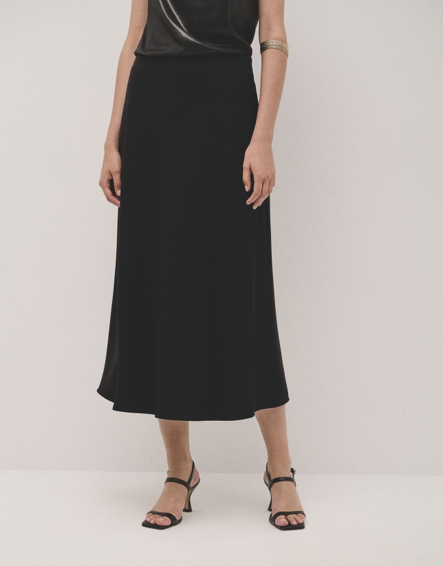 Black twill flare midi skirt