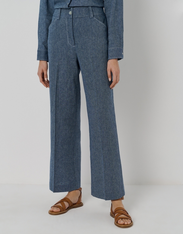 Denim-colored cotton and linen  straight pants