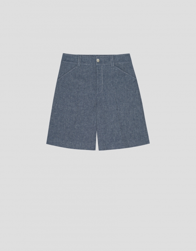 Denim-colored cotton and linen bermuda shorts