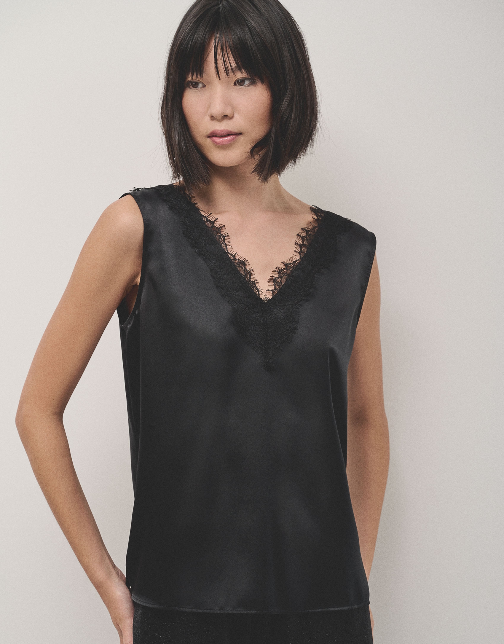 Black lace top with V-neck