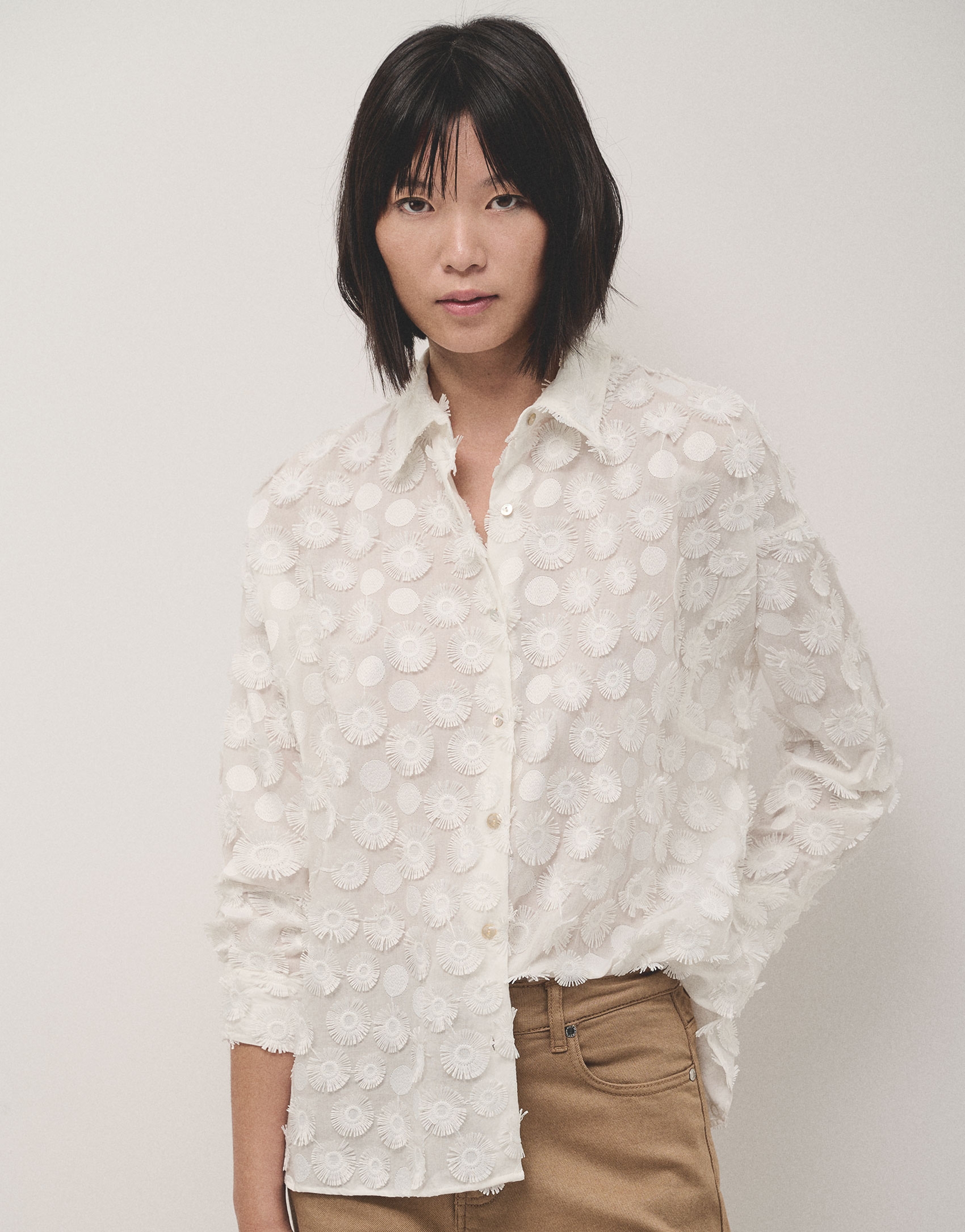 White oversize fil coupé blouse with circle design