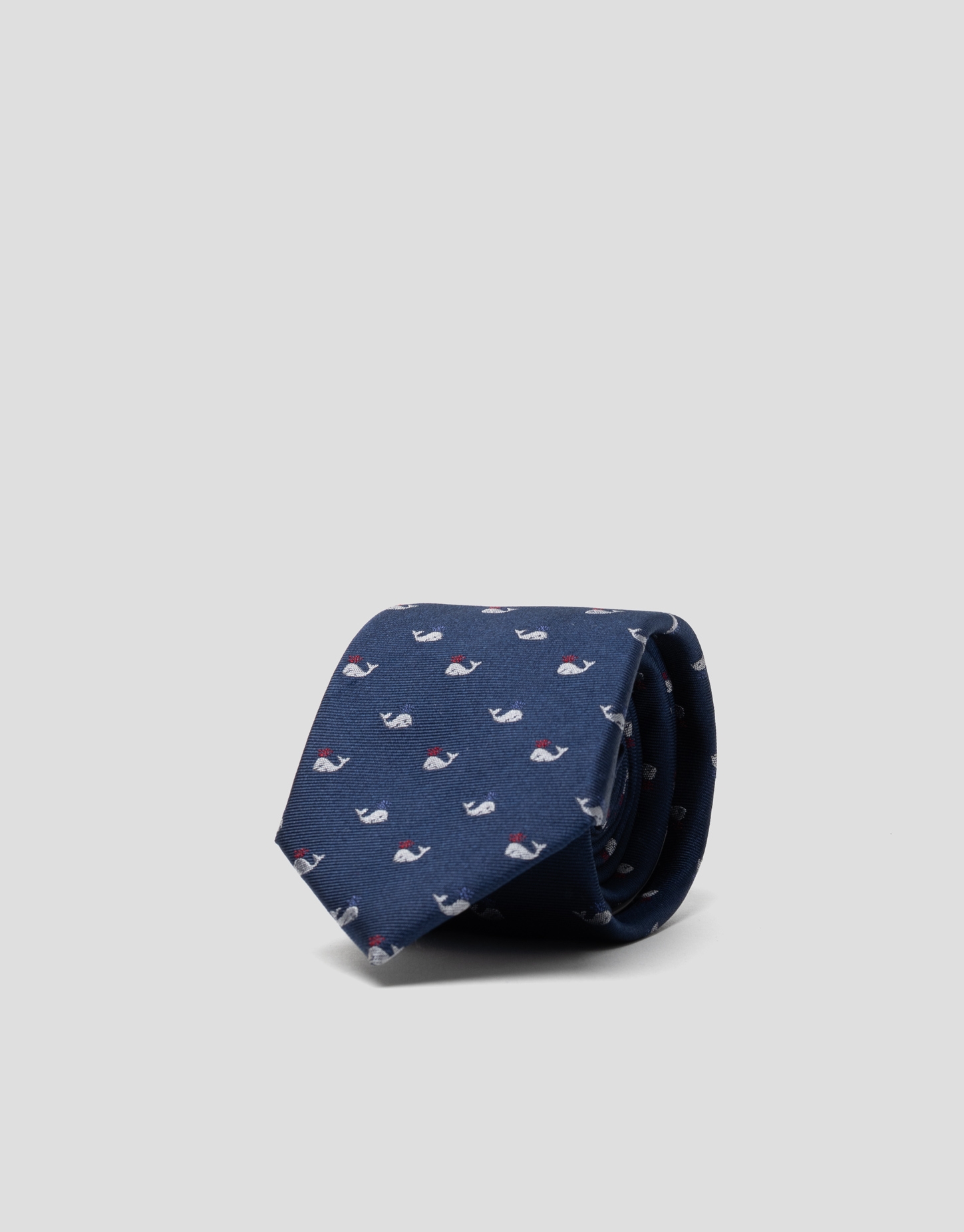 Navy blue silk tie with whale design