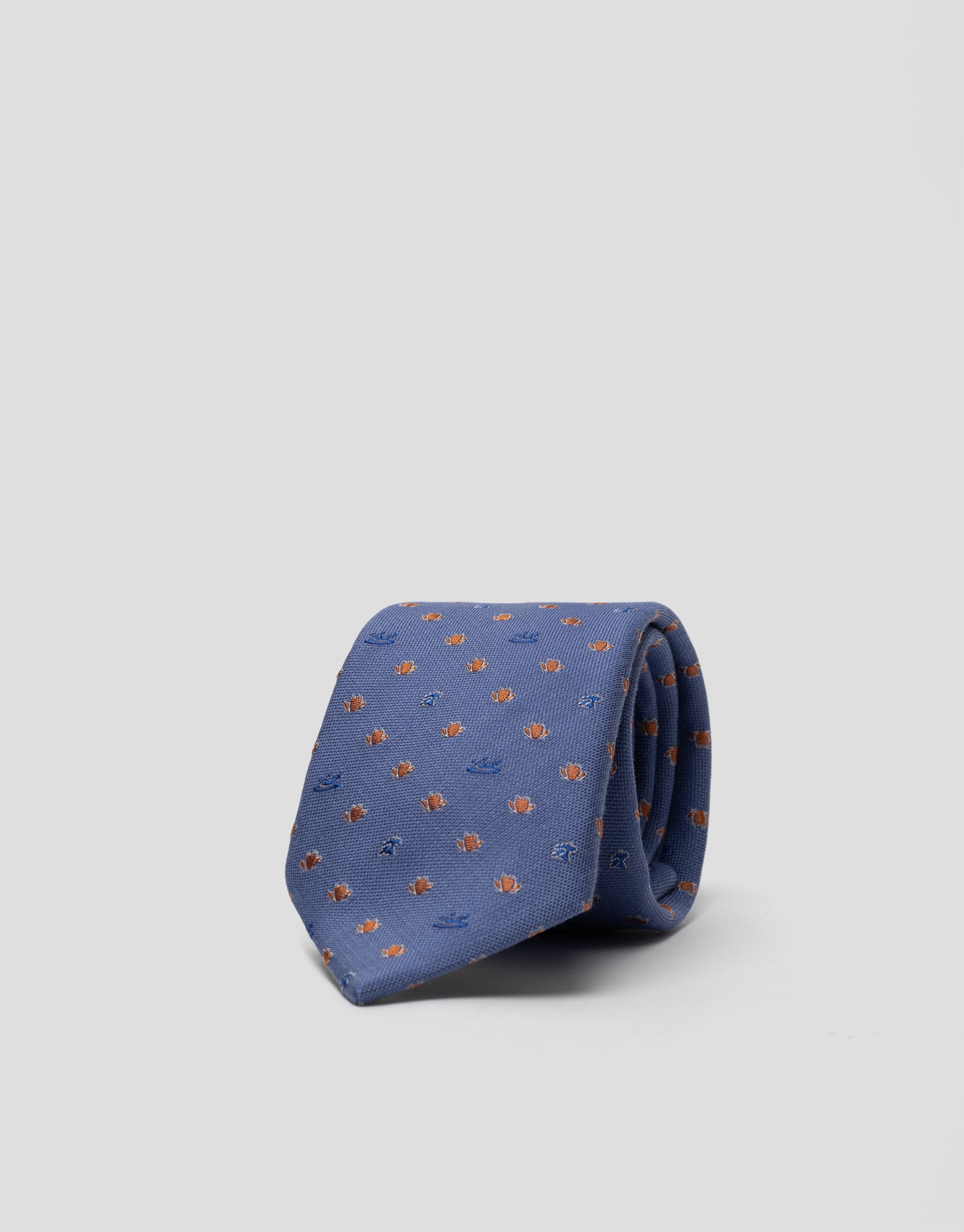 Corbata seda estructura azul y jacquard cactus naranjas