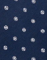 Navy blue silk tie with white tennis ball print jacquard