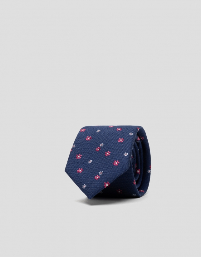 Blue silk tie with light blue and fuchsia floral jacquard