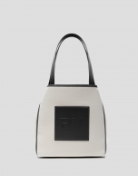 Black leather and ecru twill Agnes M shopping bag