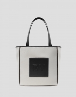 Black leather and ecru twill Agnes M shopping bag