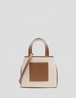 Brown leather and beige twill Agnes S shopping bag