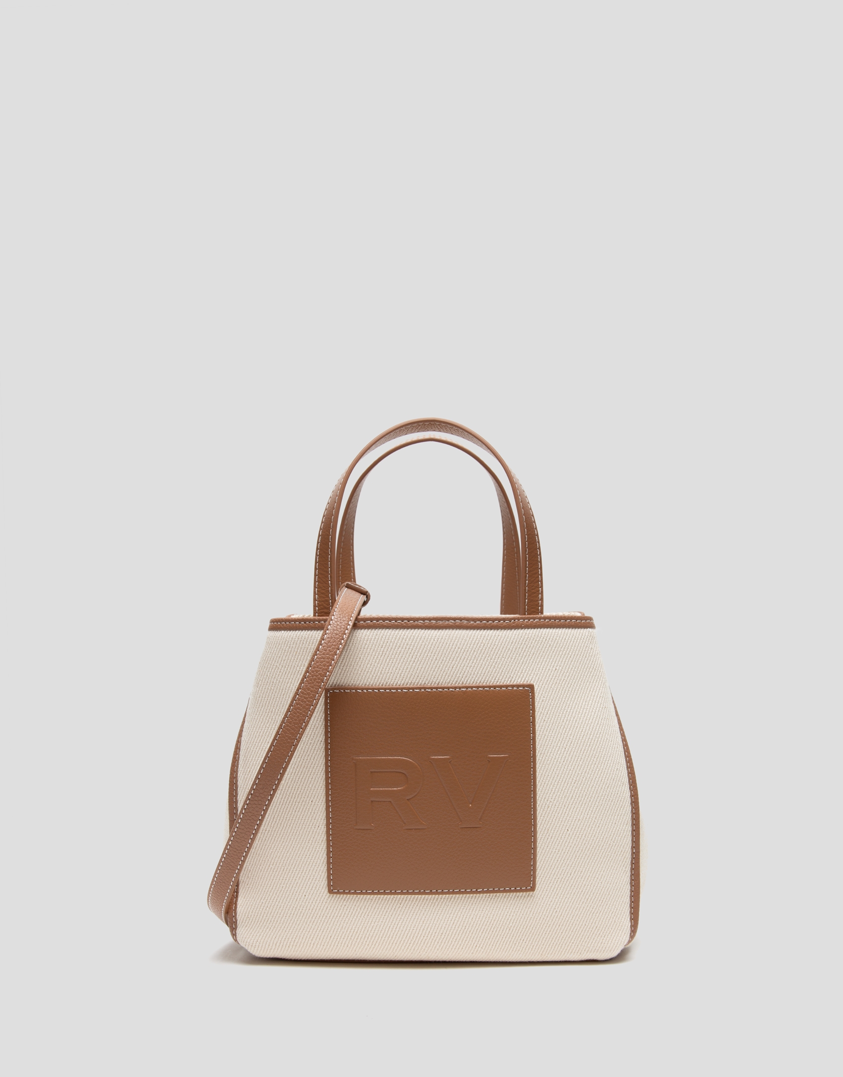 Brown leather and beige twill Agnes S shopping bag