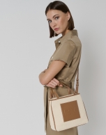 Brown leather and beige twill Agnes S shopping bag